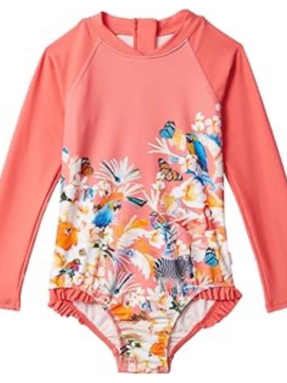 Seafolly Coral Pink Long-Sleeve Floral & Parrot One-Piece Rashguard for Kids